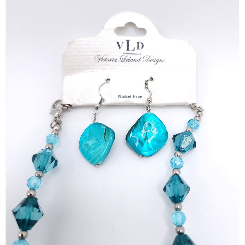 Victoria Leland Teal Beaded Necklace Earring Set Boho 18in - Picture 2 of 5